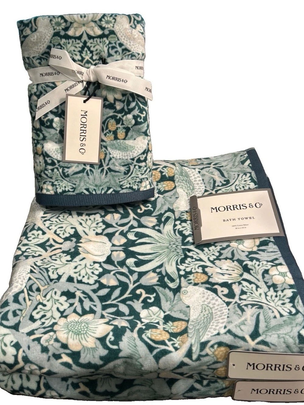 William Morris & Co Velour 4 Pc Set 2 BATH 2 HAND TOWELS Strawberry Thief Teal